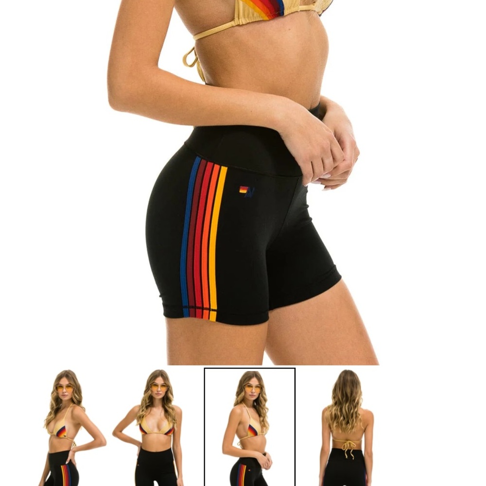Aviator Nation Black Bike Shorts with Rainbow Stripes